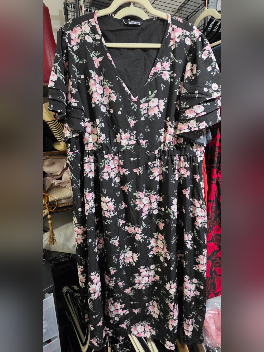 BloomChic Black Maxi Dress with Pink Floral Print